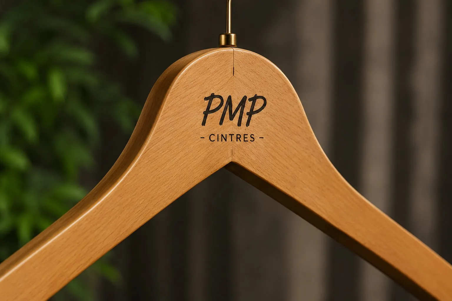 Cintre en bois naturel personnalisé avec logo PMP Cintres